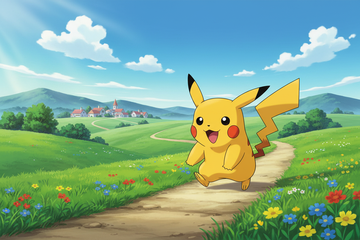 crear una imagen con un pikachu caminando ´por un monte de pueblo paleta