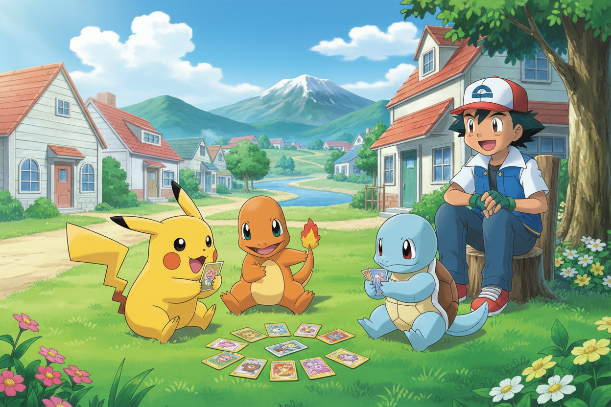crear una imagen de pikachu jugando cartas pokemon con charmander y squirtle en pueblo paleta mientras ash mira 